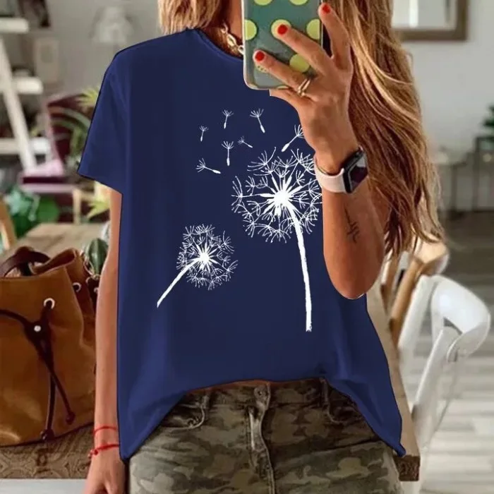 Estate Nuovo rotondo Ne Allentato Casual Slim ort Sve T-shirt T-shirt Stampa Street Sle Classico floreale Faion Top da donna