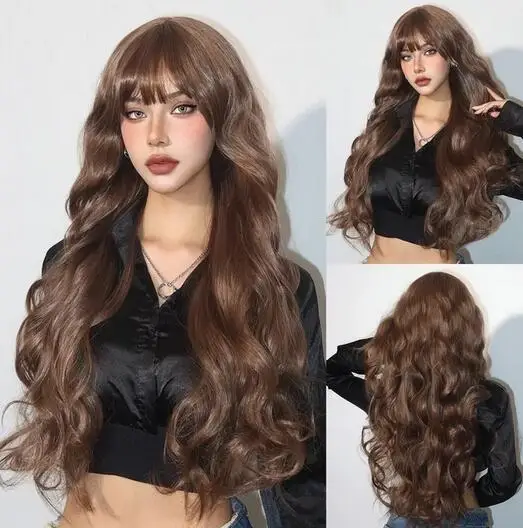 

Long Body Wave Synthetic Wigs Dark Brown Wavy Wig with Bangs Chocolate Brown Hair for Women Full Wig Heat Resistant Daily Use