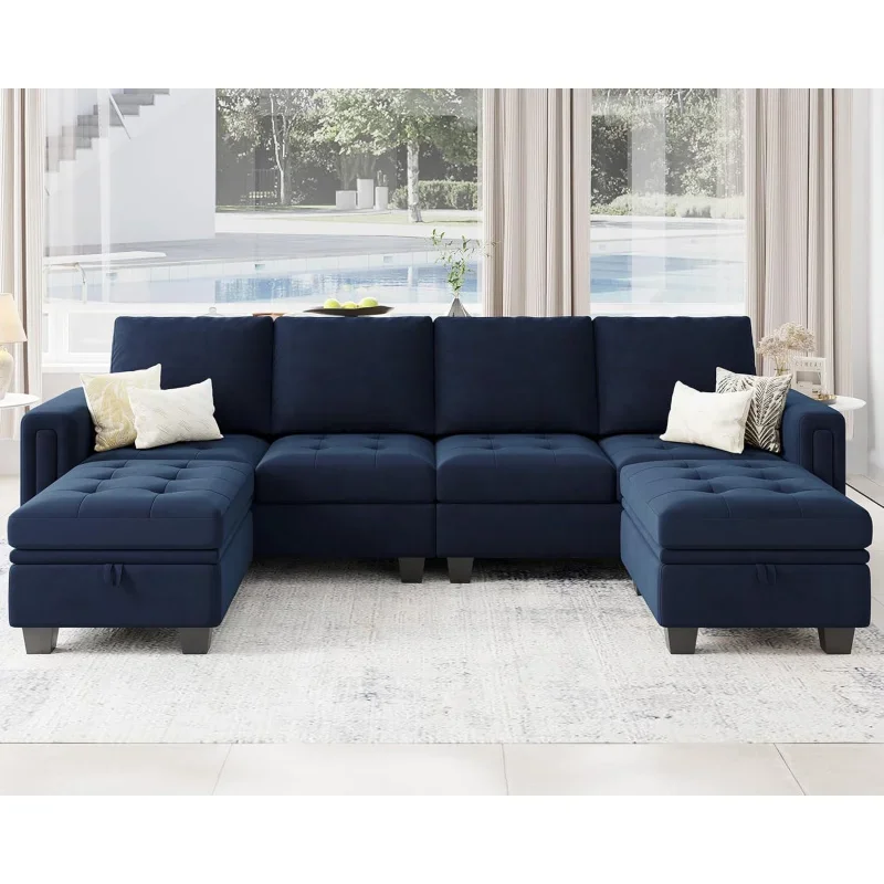 Belffin Velvet U shaped Sectional Sofa Couch with Storage Ottoman Convertibel Reversible Chaises Blue