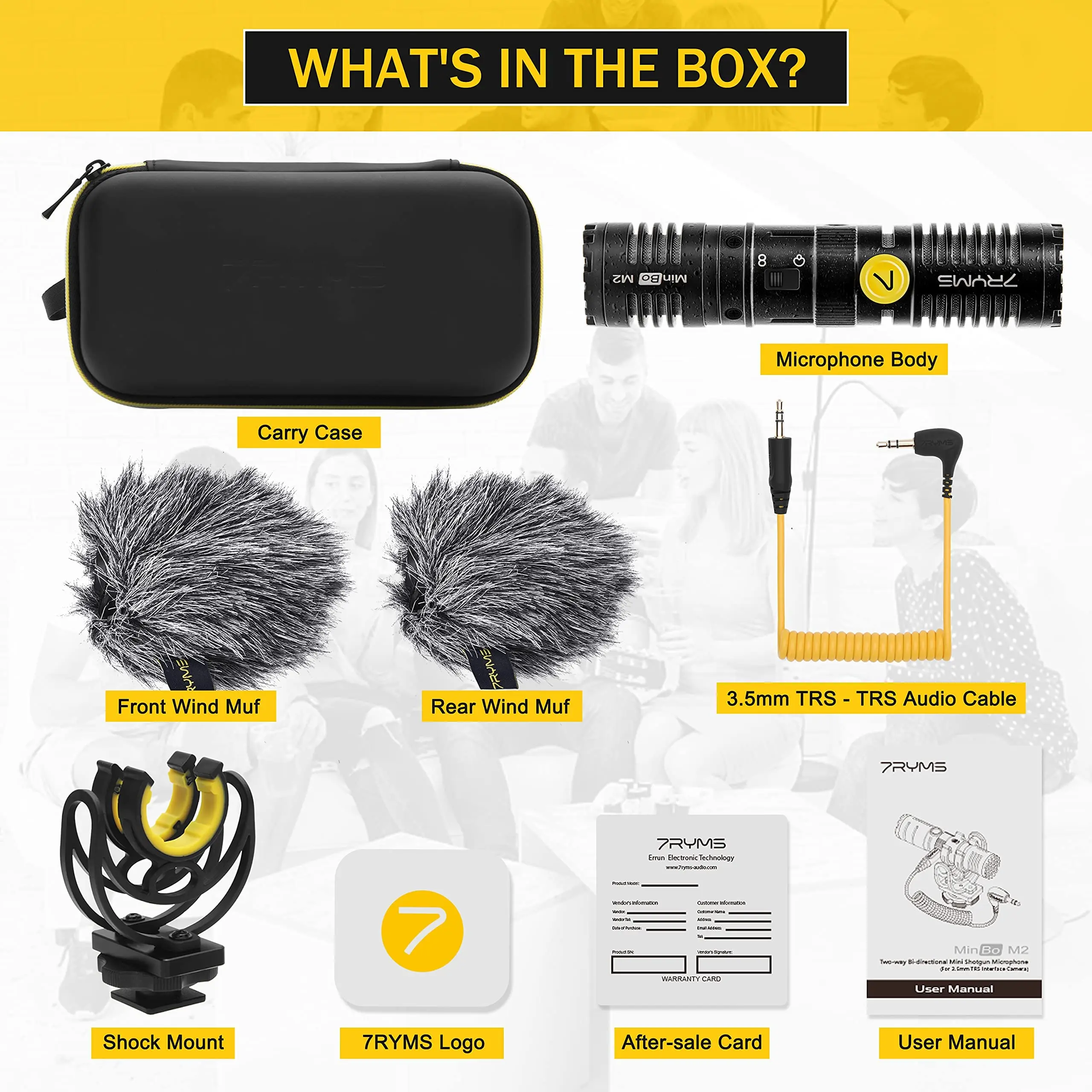 Microfone cardióide duplo 7RYMS MinBo M2 com montagem antichoque Rycote Lyre, gravação mono/estéreo, microfone plug and play para vlog YouTube ao vivo DSLR câmera de bolso, smartphones e laptops