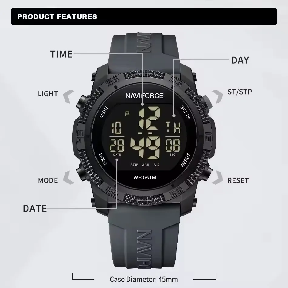 Naviforce 7104 esportes moda masculina relógio eletrônico calendário luminoso à prova dwaterproof água pulseira de silicone simples relógios digitais para homem
