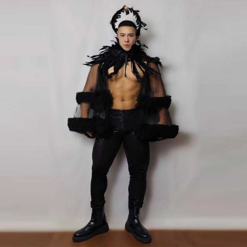 Nachtclub Bar DJ Halloween Pole Dance Kleidung Männer Feder Top Pailletten Hosen Gogo Kostüm Bühne Leistung Rave Outfit XS10398