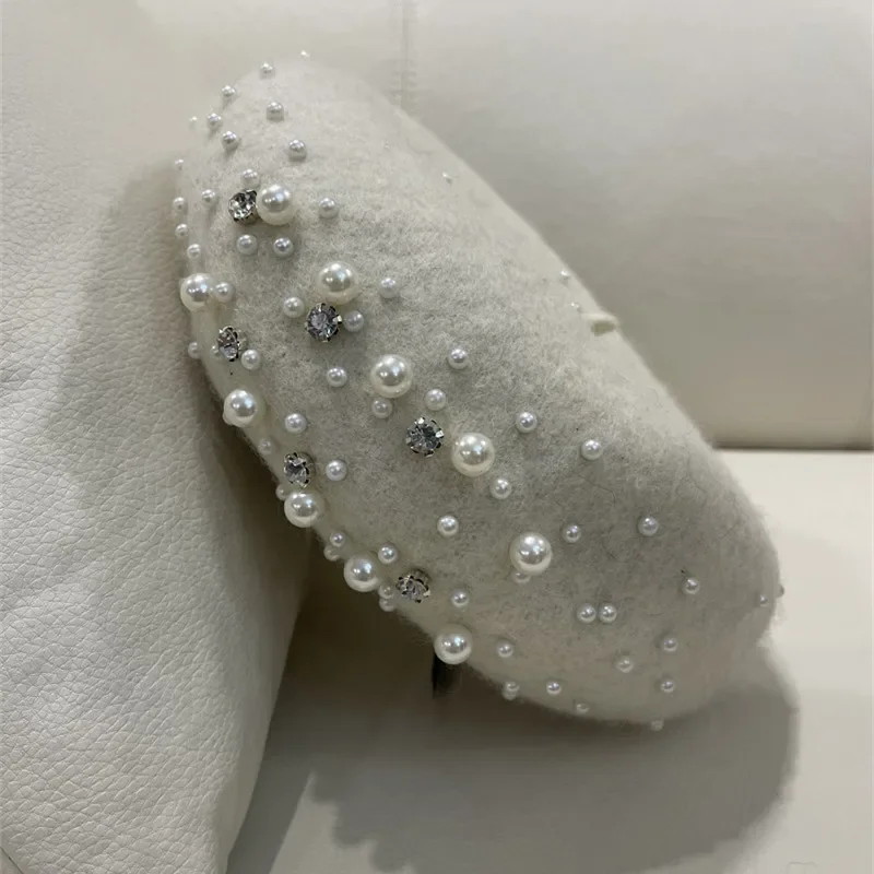 Gorro de boina para mujer con perlas y diamantes de imitación, gorros de pintor de invierno de lujo para madre e hija, estilo coreano