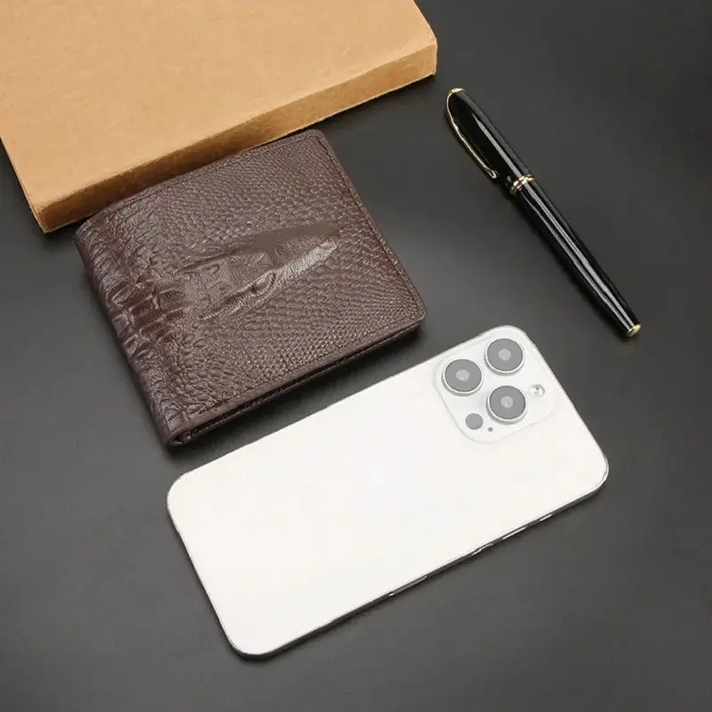 Leather Slim Minimalist Bifold Front Pocket Wallet for Men Bifold Short Crocodile Pattern Business Cardholder Wallet