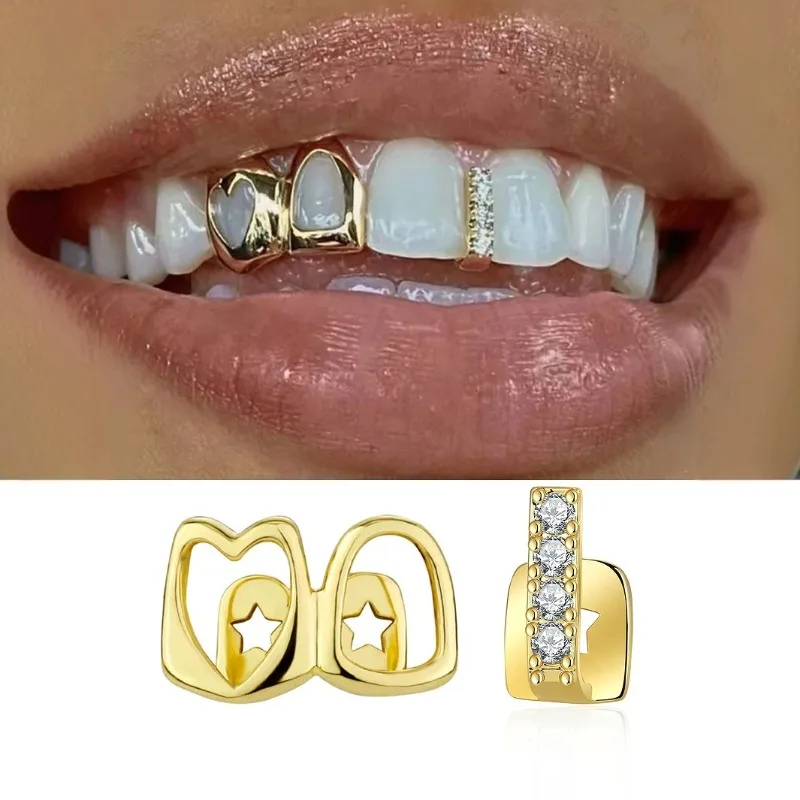 -Golden Grillz Tooth Jewelry Set for Men and Women, Copper Inlaid Zircon Hollow Heart, Daily Wearable Valentine Gift, Hip Hop