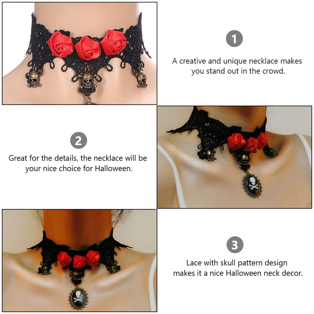 

Stylish Skull Clavicle Necklace Elegant Neck Decor Halloween Party Fashion Show Costume Choker Lace Alloy Details