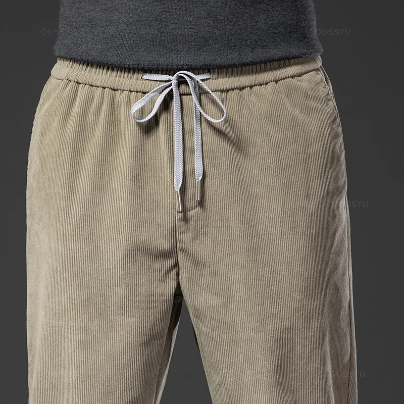 Four Seasons Men\'s Corduroy Casual Pants Elastic Waist Business Fashion Straight Loose Trousers Male Black Khaki Blue M-5XL