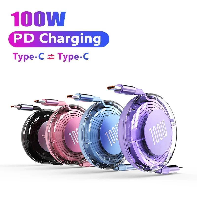 PD 100W Fast Charging Type C Cable Retractable USB C To USB C Portable Data Cord For iPhone Samsung Huawei Xiaomi Charger Cable