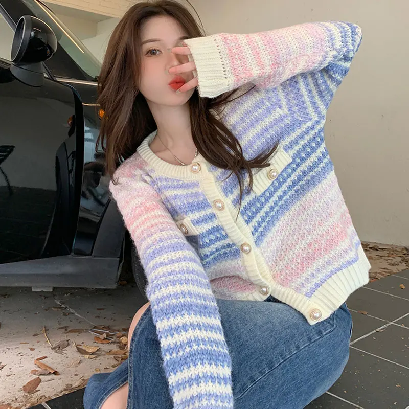 2023 Autumn Rainbow Knitted Cardigan Button Long Sleeve Casual Elegant Sweater Female Kawaii Y2k Clothing Korean Style Pullover