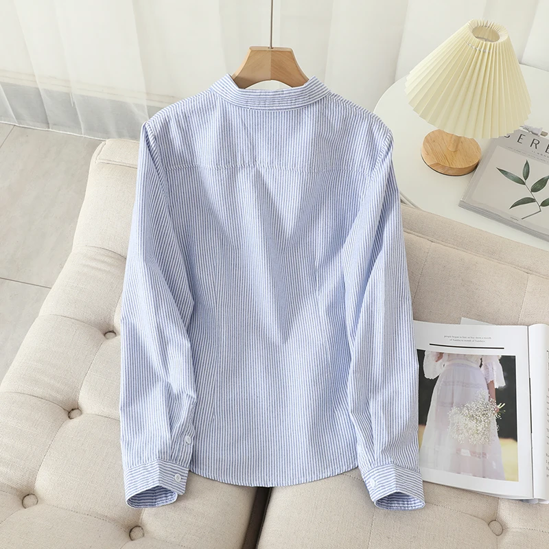 Women\'s Casual Cotton Oxford Shirt 2023 New Woman Striped Blouse and Tops Simple Solid Lady White Blue Shirts Clothes