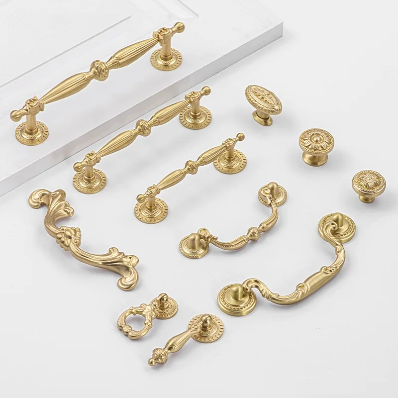French Handle Copper Wardrobe Knobs Solid Brass Handle American Kitchen Cabinet Storage Handles Cabinet Gold Furniture Handle