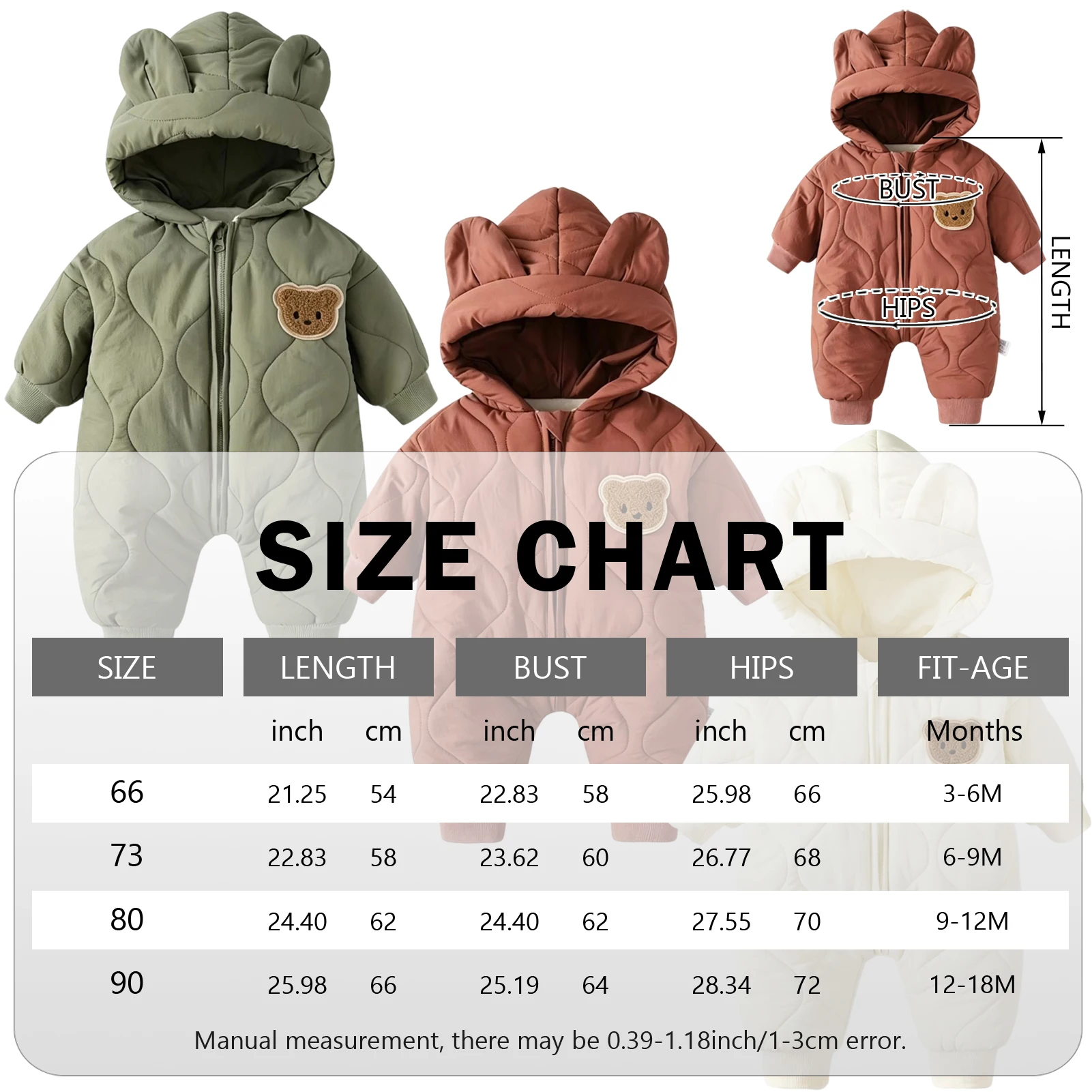 Baby Boys Girls Winter Padded Romper,Cute Ear Hooded One‑Piece Toddlers Warm Jumpsuit,Newborn Quilted Outerwear,Infant Snowsuits