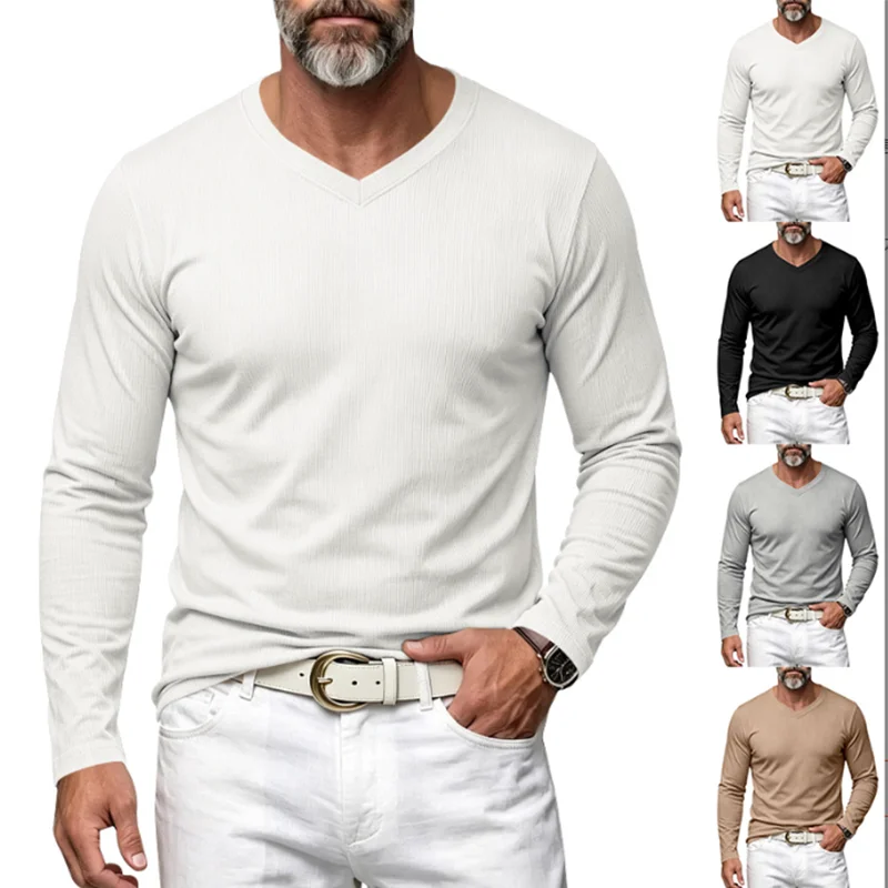 Herren Einteiliges Herbst- und Winter-Unterhemd mit V-Ausschnitt, Lässiges Loses Strick-Langarm-T-Shirt, Weiches und Dehnbares Basic-Layering-Oberteil – Detail 1