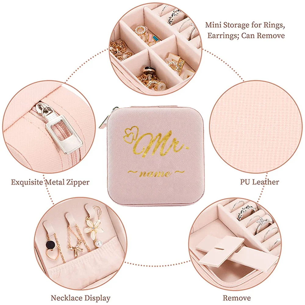 Customized Name Portable Jewelry Box Pink Large Capacity Travel Necklace Earrings Storage Ring Soft Lining Zipper Box