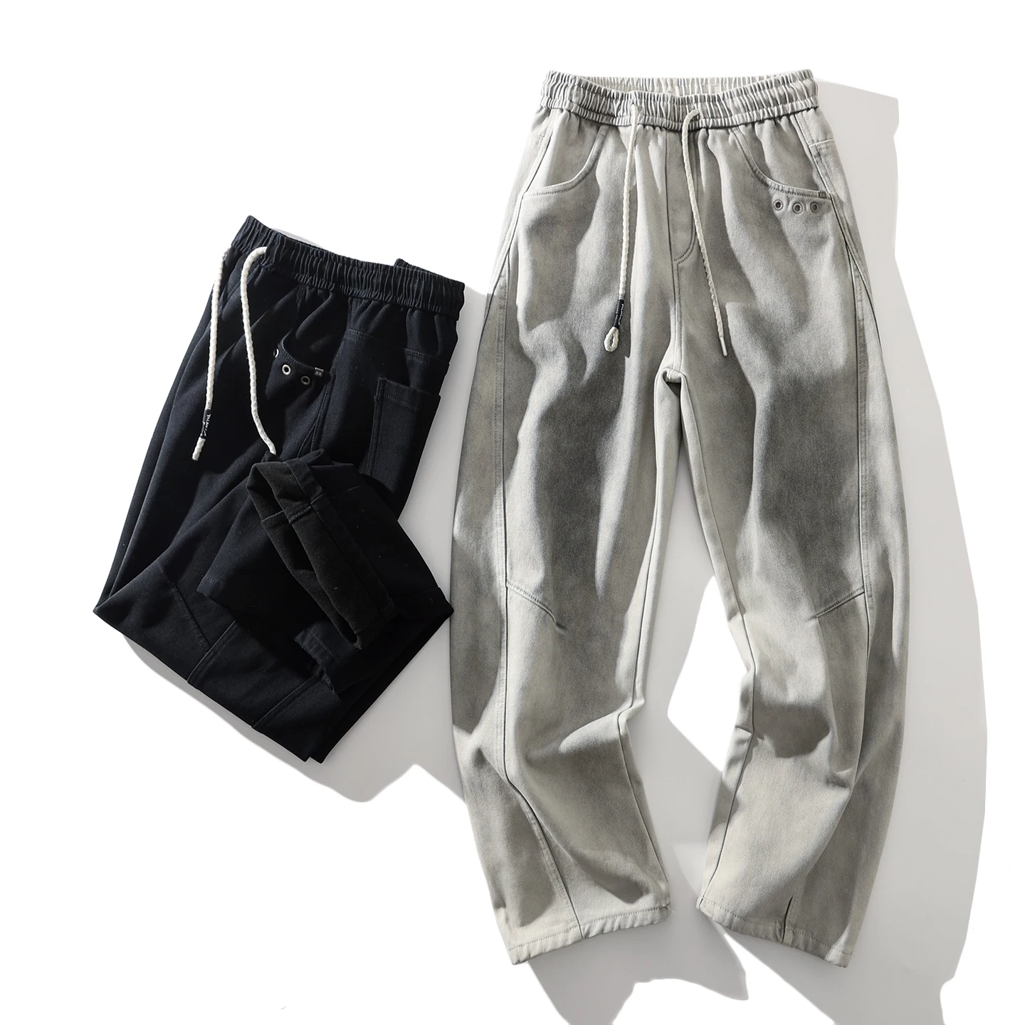 

Retro Tie Dye Fce Lined Thiened Winter Men's Loose Straight Leg Warm Casual Jeans Waed Distred Denim Pants