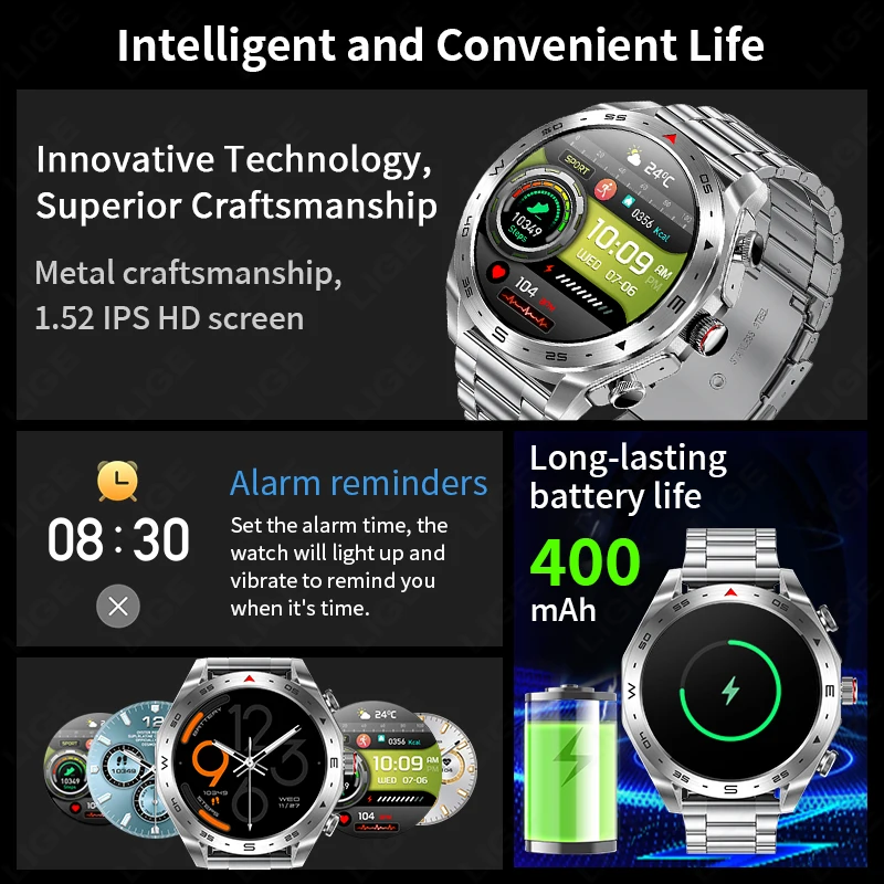 LIGE Men Smart Watch Compass 400 mAh Ultra Long Battery Life Wireless Call Health Watch Music Control Sport Step Smartwatch Man