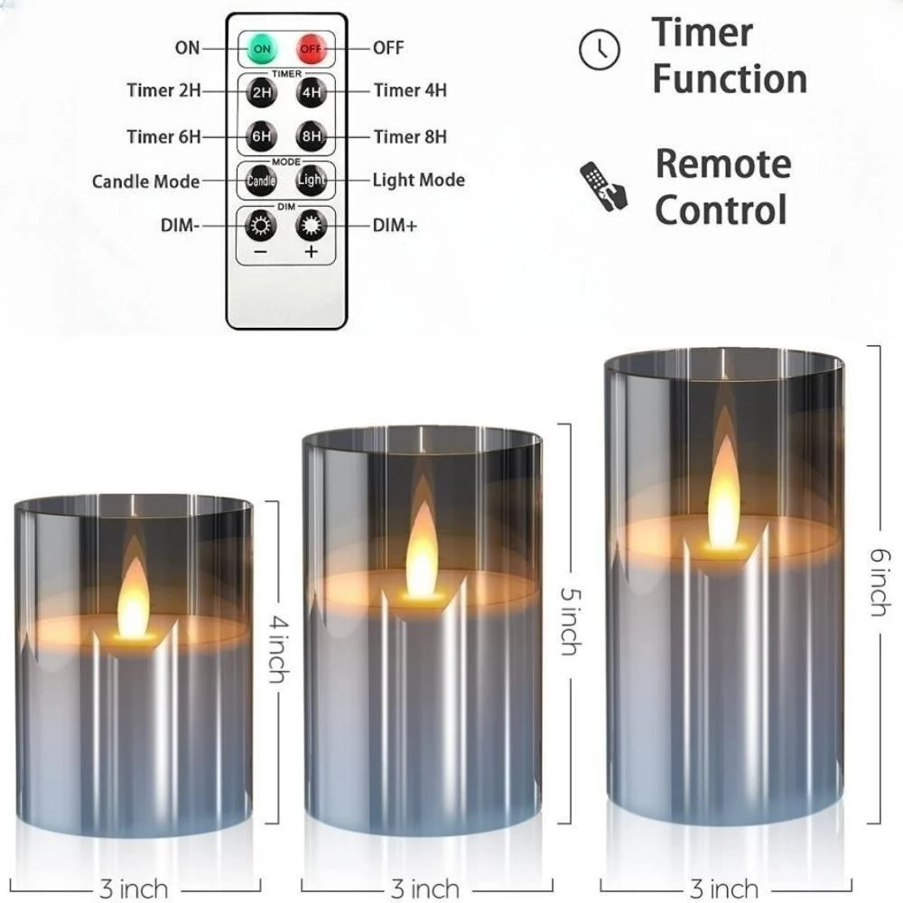 3 sztuki / zestaw świec LED Elektroniczne do domu Dekoracja świec LED Szklana świeca Pełny zestaw Zdalnie sterowany timer na Boże Narodzenie Ślub