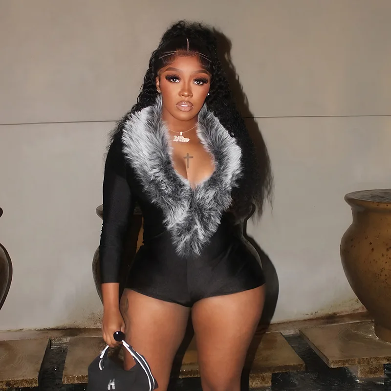 Monos negros ajustados de retales de piel sintética para mujer, monos sexys con escote en V profundo, manga larga, caderas de melocotón, moda para fiesta y Club, ropa de calle