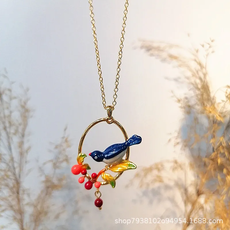 

Trendy Fairy Forest Style Enamel Handpainted Cute Blue Magpie Bird Colorful Fruit Neck Decoration Necklace for Women Rural Style