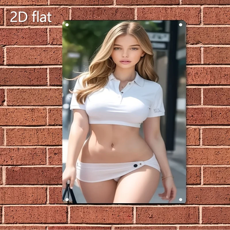 

Metal Sign Plate With Woman's White Shirt & Waist-Cinching Shorts Art - Blonde Hair & Collar Design - Iron Wall Decor For Home,