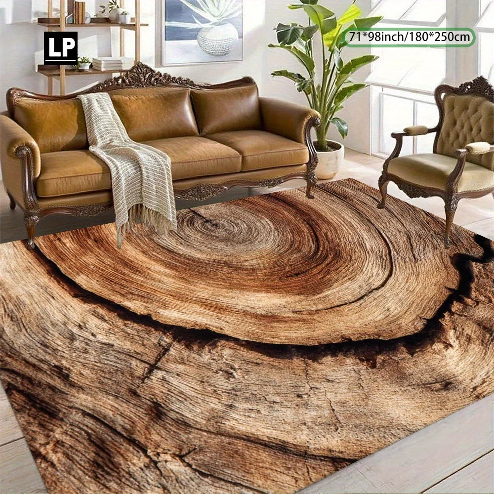 Nordic Tree‑Ring Stump Printed Area Rug, Soft Non‑Slip Washable Floor Mat for Living Room, Bedroom, Office
