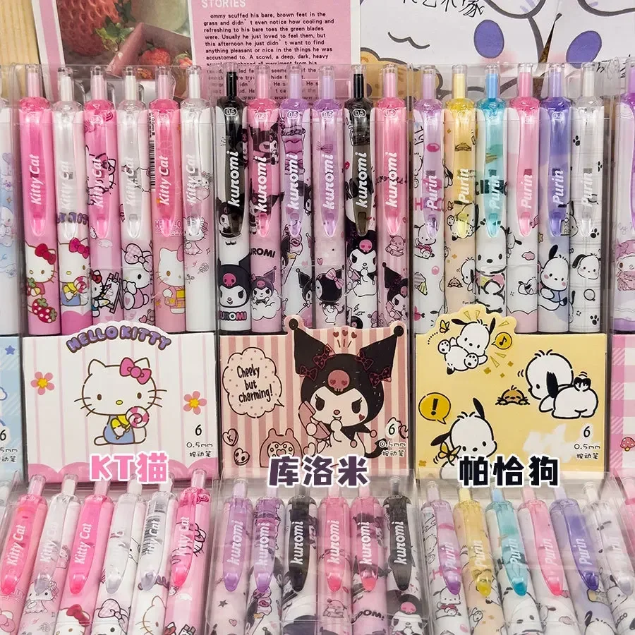 

Гелевая ручка Sanrio, 6 шт., сменный блок 0,55 мм, Hello Kitty Y2k Cinnamoroll Kuromi Melody, мультяшная пресс-ручка, черные канцелярские принадлежности