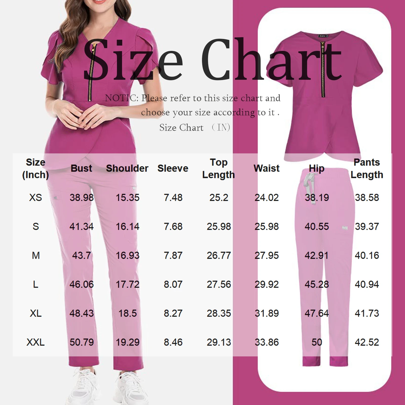 Conjunto de enfermeira feminina, decote em v, manga curta, zíper, manga plissada, calças compridas multicoloridas, uniforme médico, roupa de trabalho de saúde