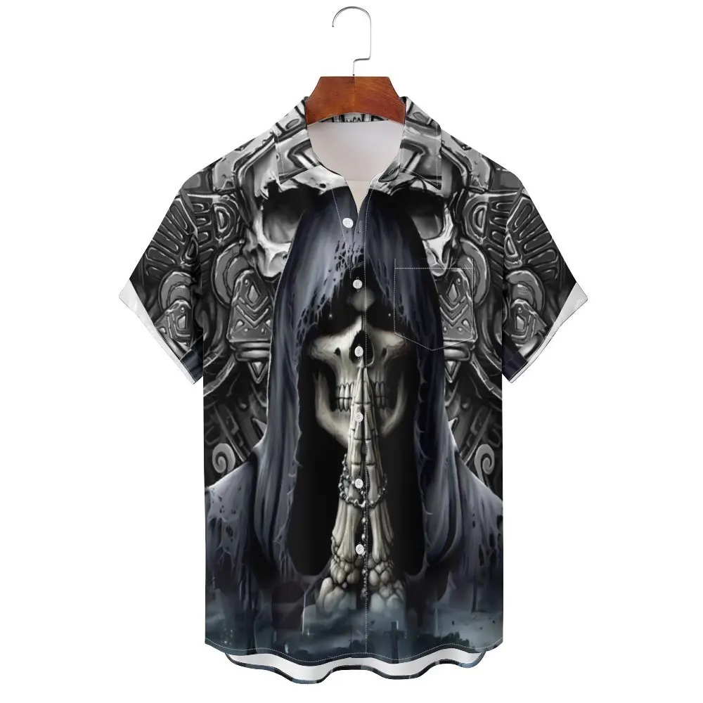 Horror Skulls Print Men's Shirts Summer Hip Hop Style Short Sleeve Lapel Shirts For Men Streetwear Hawaiian Beach Holiday Shirt