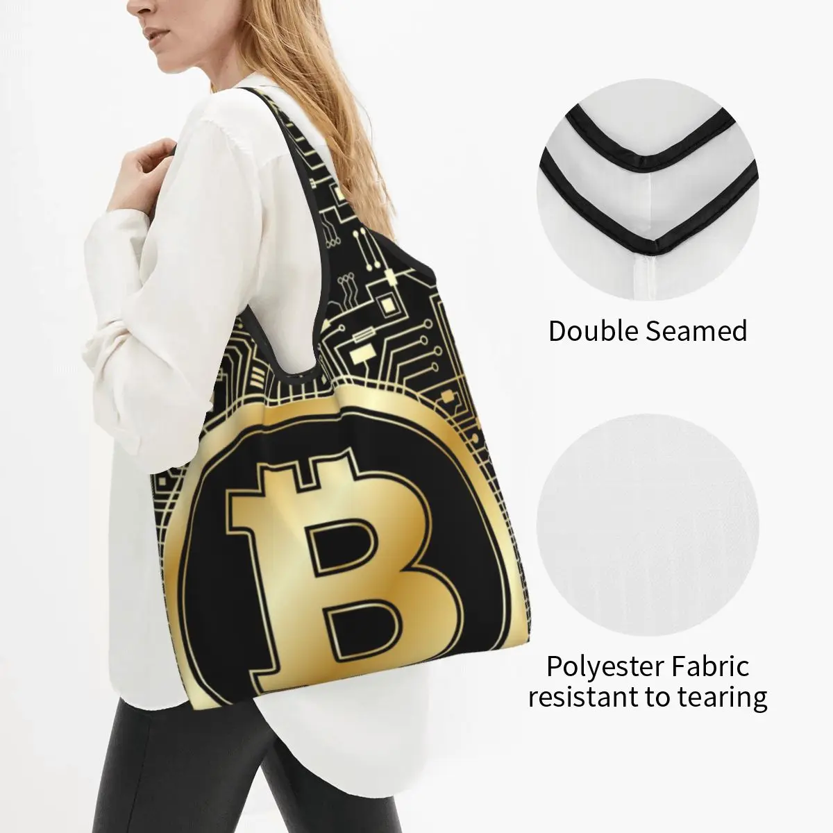 Bolsa de mano de moda personalizada, bolsa de compras de Bitcoin dorado Majestic, placa base, portátil, Crypto Hack, BTC, bolsa especial para compras de comestibles