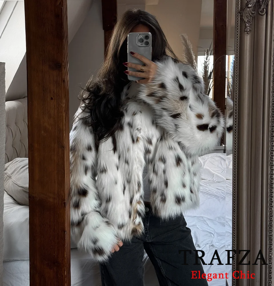 TRAFZA-Women Fashion Faux Fur Jacket Animal Pattern Half Turtleneck Jacket New 2024 Fall Winter High Street Modern Girl Jacket