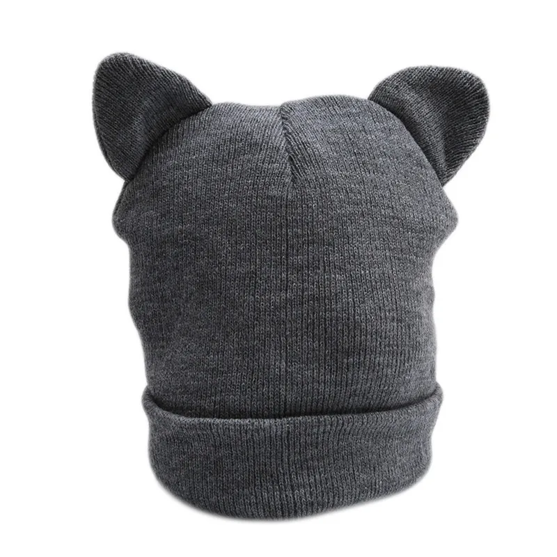 Lovely Warm Winter Casual Skullies Beanies Hat Hot Fashion Design Wool Cap Hat Gray White Cute Cat Ears Knitted Hat