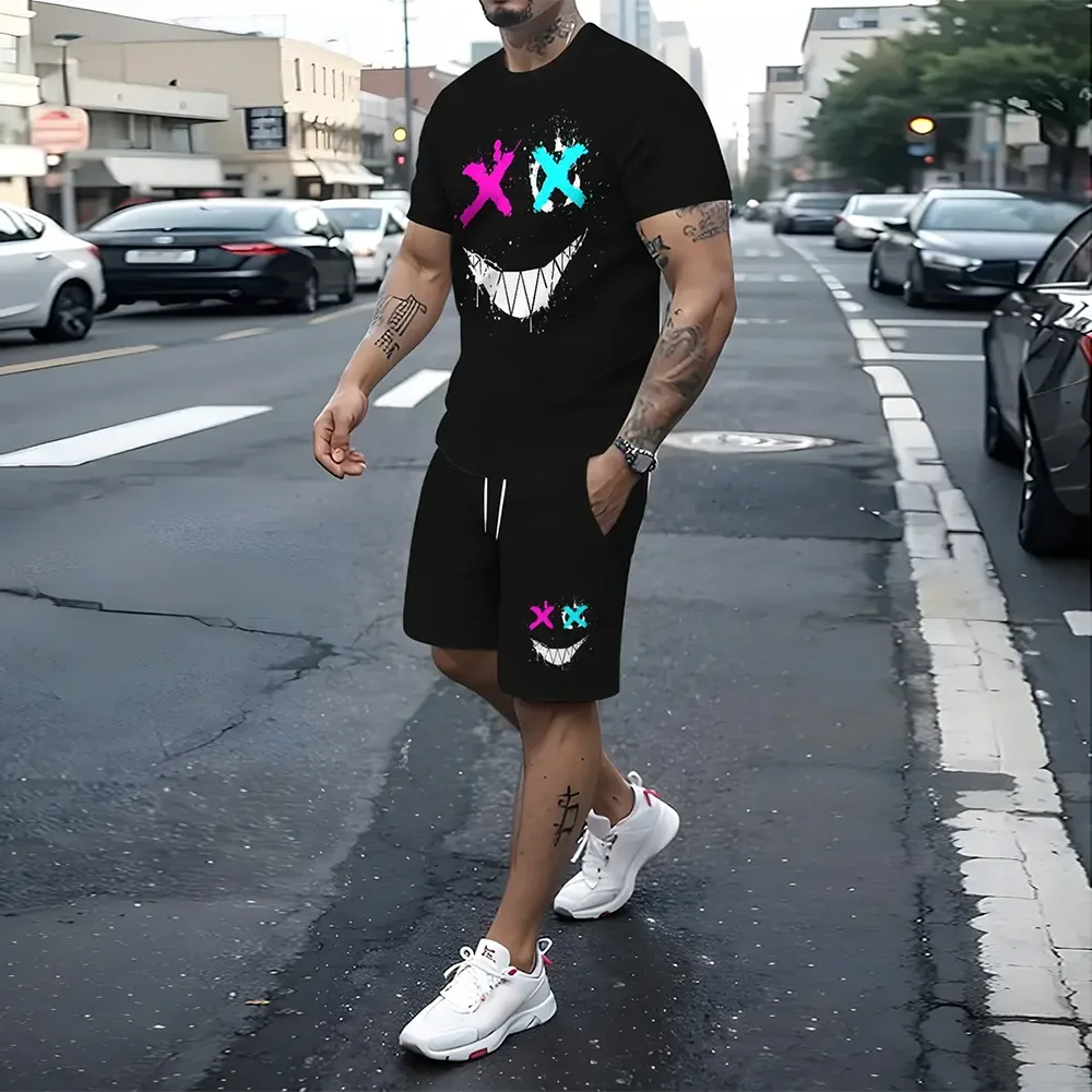 New Men\'s Short-Sleeved T-Shirt Shorts 2-Piece Set Smiling Face Printed Fashion Crew Neck Pullover Top And Drawstring Shorts Set