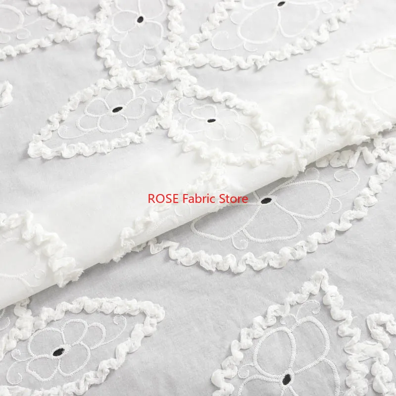 1 yard  White Pure Cotton Floral Embroidered Fabric For Sewing Dress Clothes DIY Handmade Crafting Cloth