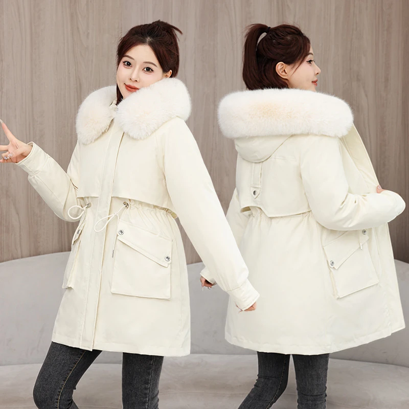 ファッションパーカー冬ダウン綿パッド入りジャケット厚く暖かい取り外し可能なライナービッグ毛皮の襟パッチワークスリムウエストミッドロングコート
