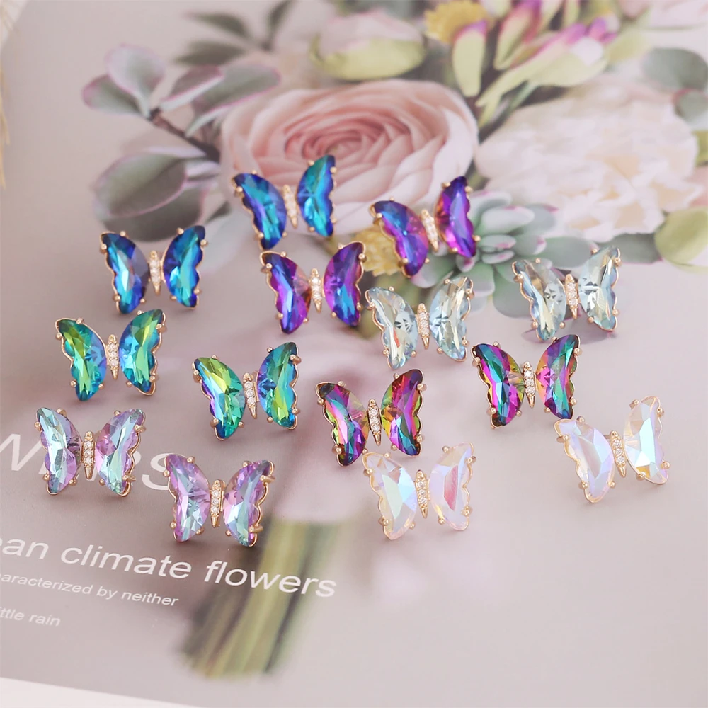 Cute 925 Silver Needle Crystal Colorful Butterfly Earrings For Women Girls Trendy Girl Friendship Insect Ear Studs Charm Jewelry