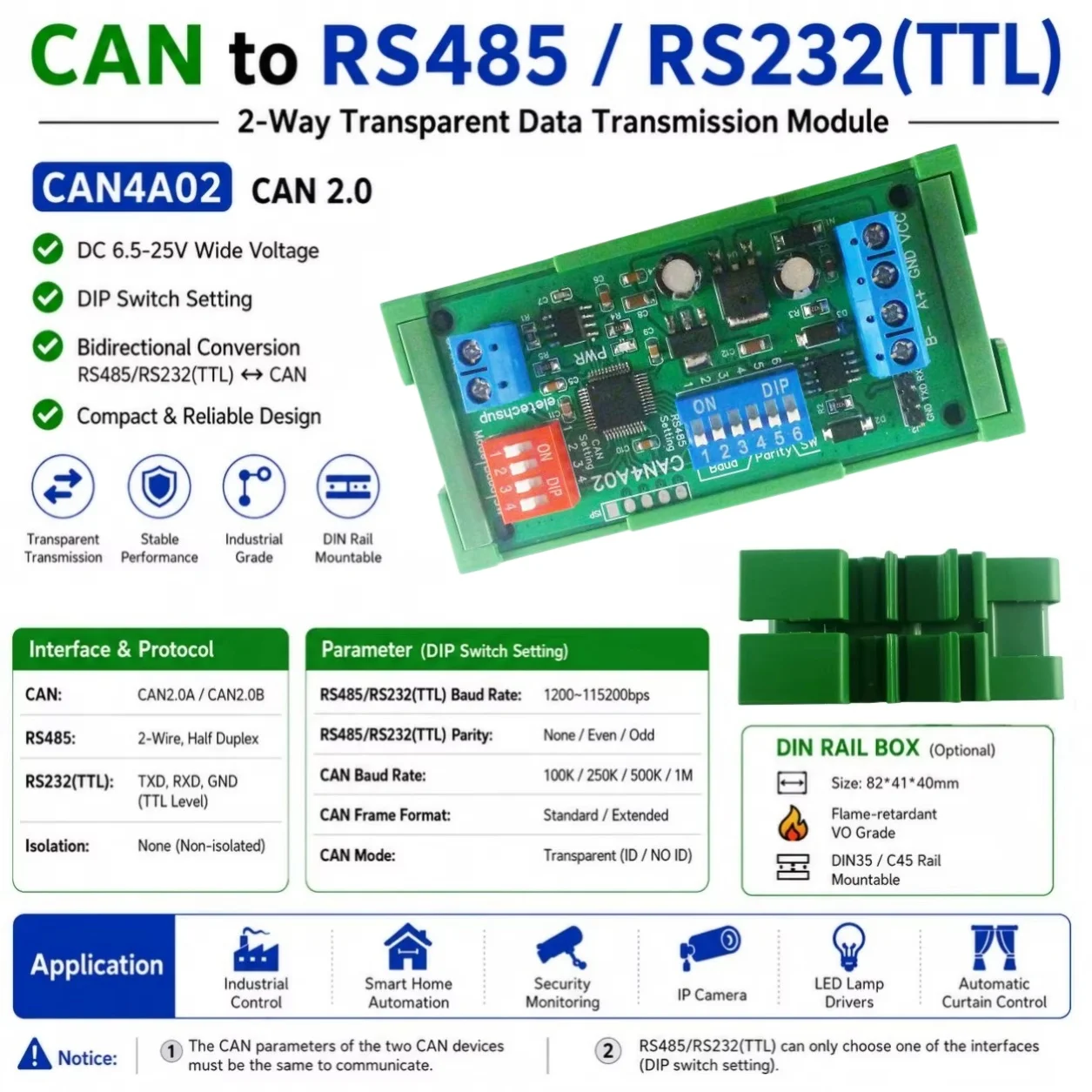 DC 12V CAN4A02 Bidirectional Transparent Transmission Module eletechsup CAN to RS485 RS232(TTL) Serial Protocol Converter