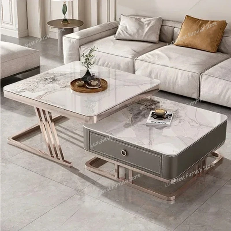 

Square Glass Coffee Tables Storage Design Metal Floor White Luxury Side Table Modern Italian Mesa Centro Salon Nordic Furniture