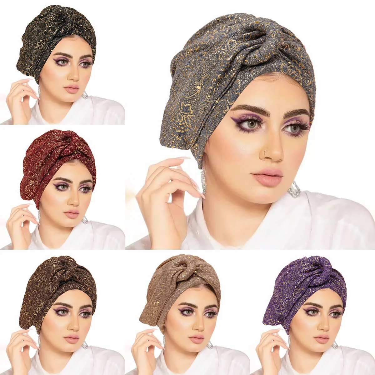 New Knot Sequin Pleated Hijab Cap Muslim Women Chemo Turban Stretchy Headwrap Scarf for Hair Loss Fashion Indian Femme Bonnet