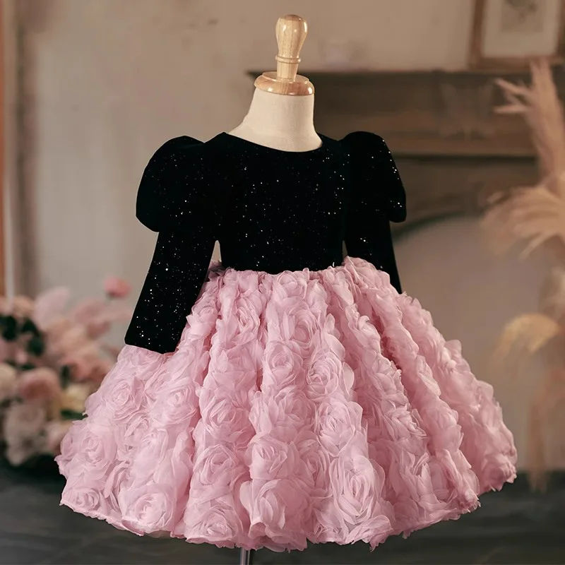 Girl's pink three-dimensional flower dress bubble sleeves princess dress birthday banquet fluffy gauze