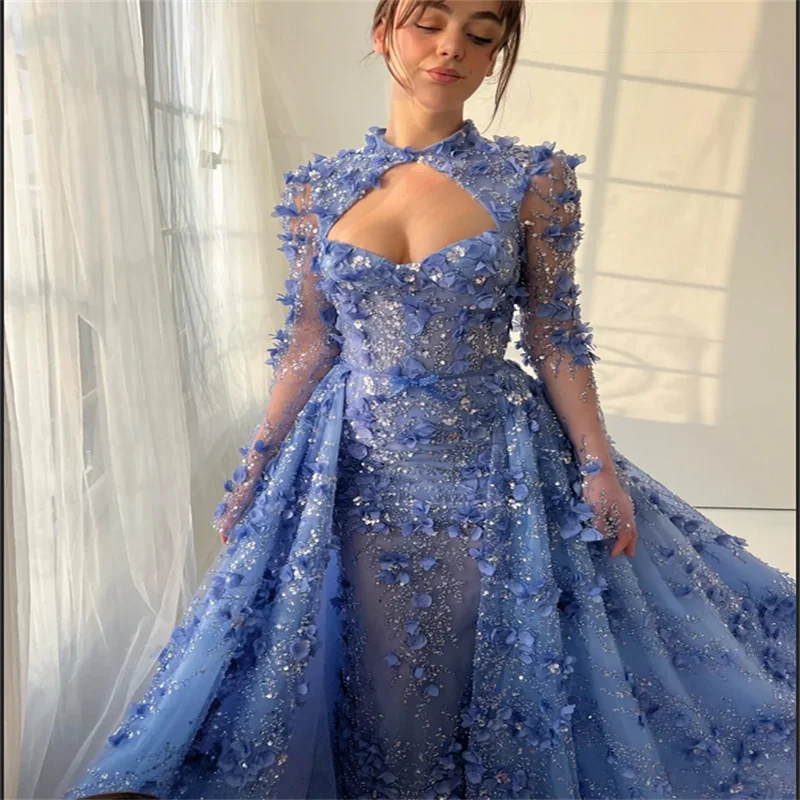 Personalizado luxuly elegante vestidos de baile renda 3d novo em vestidos longos trem destacável tribunal trem uma linha vestidos de noite 2025