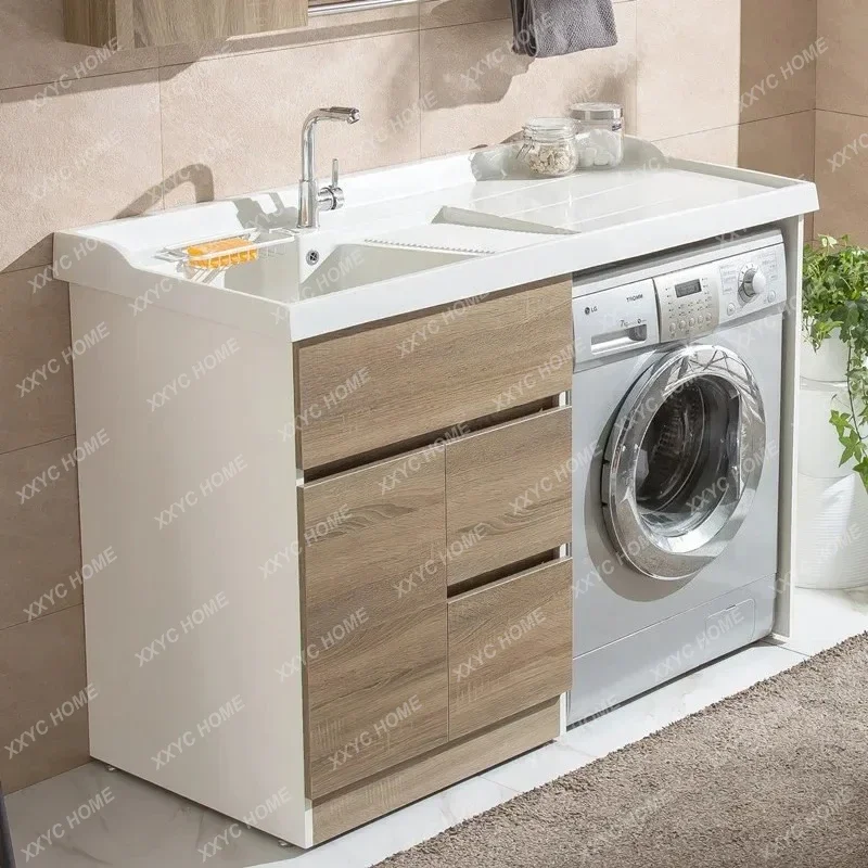 TTSolid Wood Washing Machine Cabinet, Balcony Laundry Combination Of High And Low Basins Basin And Pool With Rubbing Board53