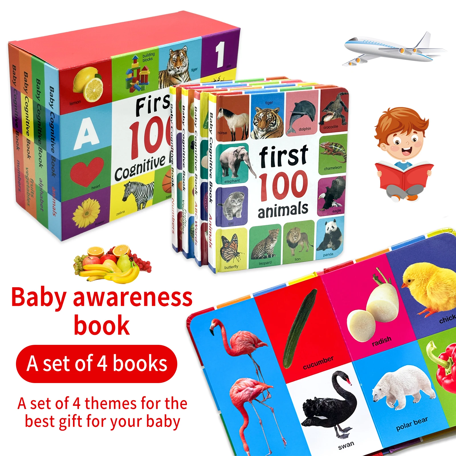 4Pcs/Set First 100 Baby Cognitive Board Books With Rounded Corners And Vivid Illustrations For Toddlers Preschool Early Learning