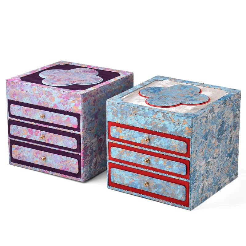 Chinese embroidered cloth three-layer drawer bracelet jewelry storage box necklace ring jewelry display box with mirror