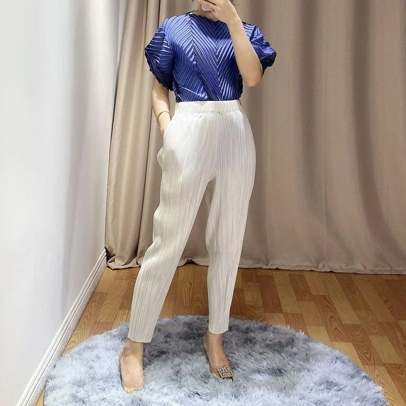 Women's Casual Trousers Folded Hem 9-Piece Pure Color Versatile Slimming Polyester Fiber Low Waist Small Foot Three 016
