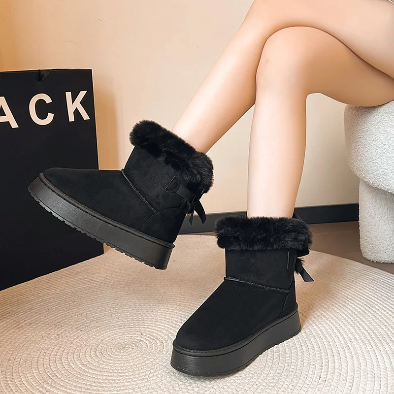

Winter Thick Soled Velvet Women's Snow Boots Thick Plush Warm Outer Cotton Boots Bow Decoration Anti Slip Ankle Boots high heels
