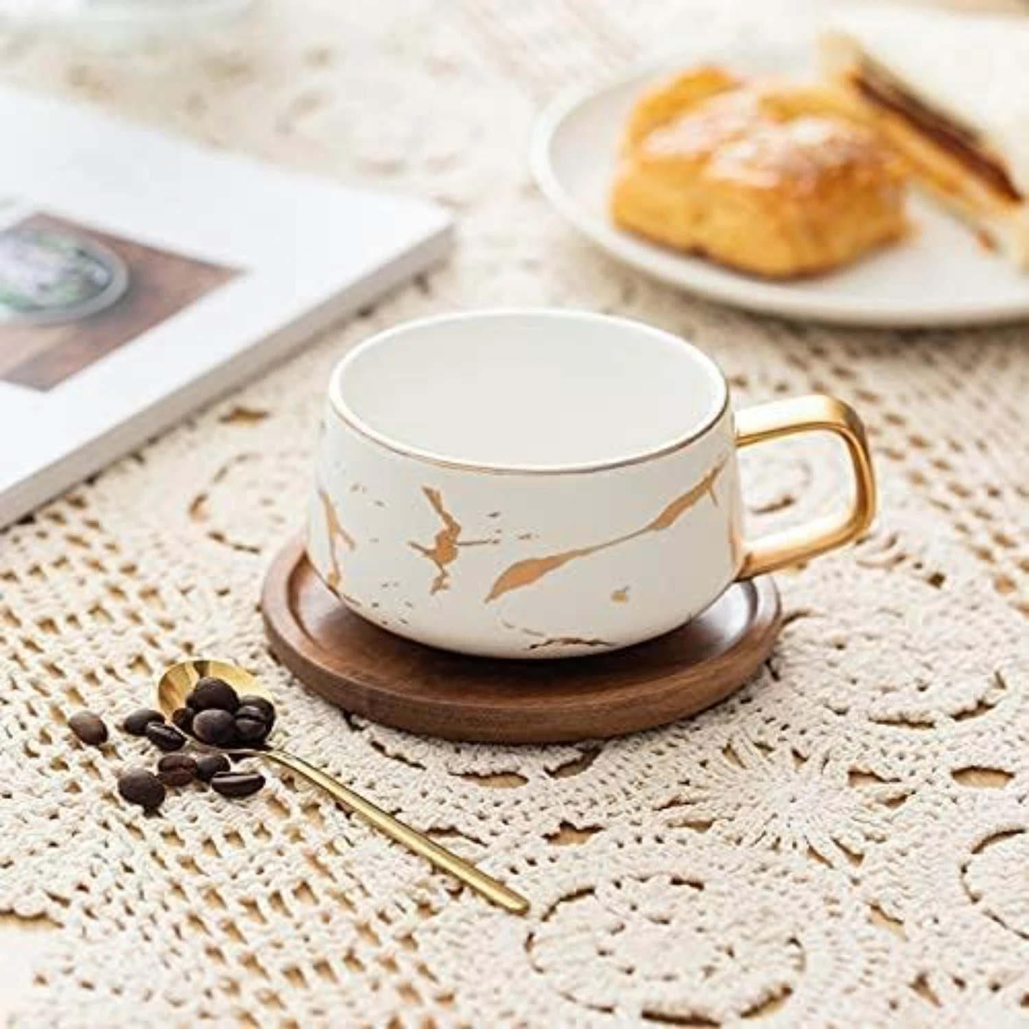Luxurious and Elegant Matte Marble Ceramic Tea Coffee Cups with Stylish Black and White Luxury Wood Saucers, featuring Exquisite