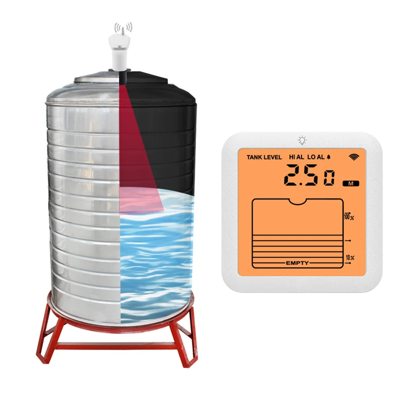 Wireless Ultrasonisc Tank Level Gauge With Temperature Sensor, Water Level Time Display, And Backlight