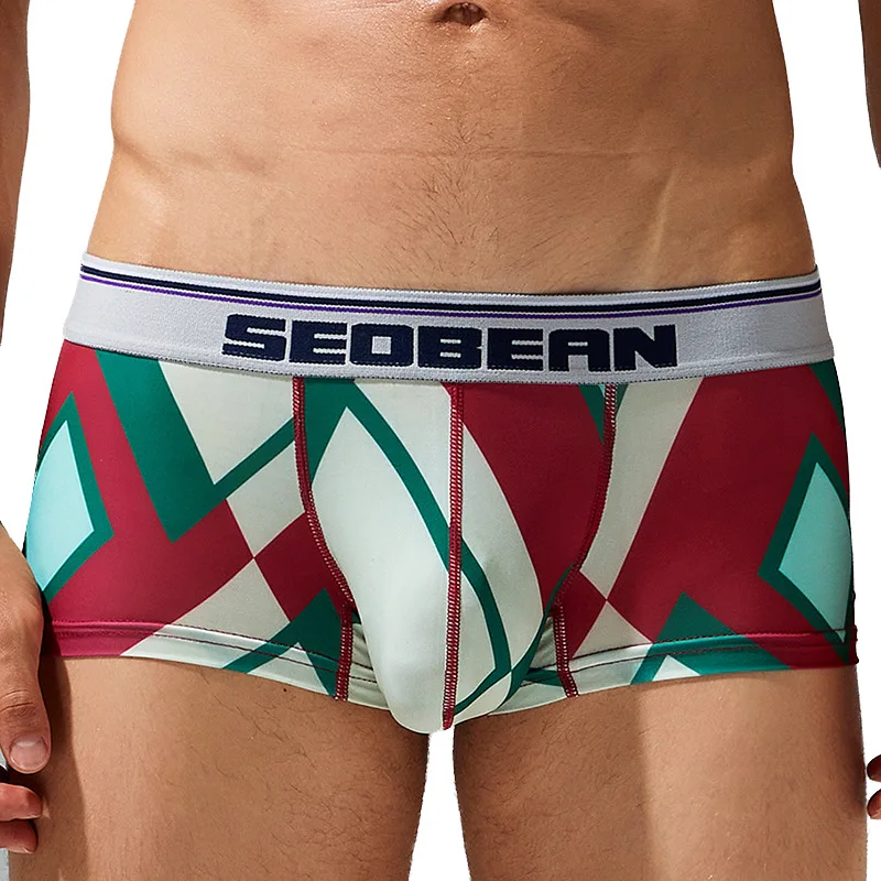 SEOBEAN Mens Boxers Low Waist U Convex Boxer Sexy Tight Fashion Vintage Printed Panties Breathable Seamless Underwear Lingerie