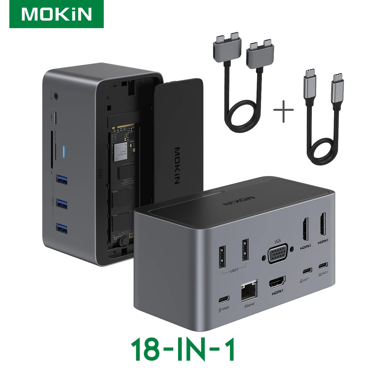 Док-станция MOKiN 18 в 1, USB C, USB 2,0, USB 3,0, RJ45, HDMI, VGA, SSD