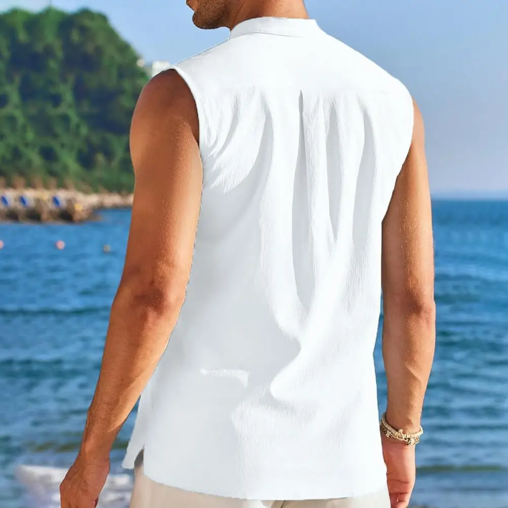 

Men Sleeveless Shirt Sleeveless Stand Collar Men's Summer Shirt Slim Fit Breathable Vest Top for Daily Casual Wear Men Summer